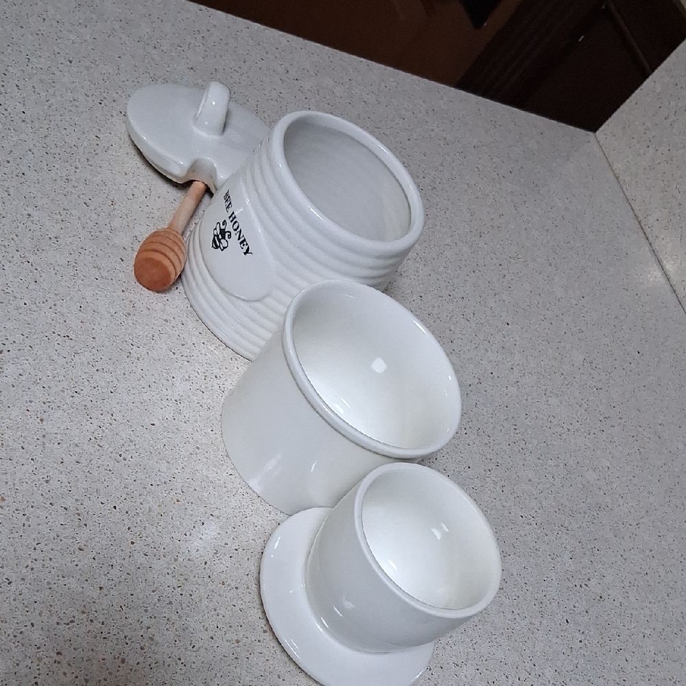 White Ceramic Honey Pot Set + Batter Ring